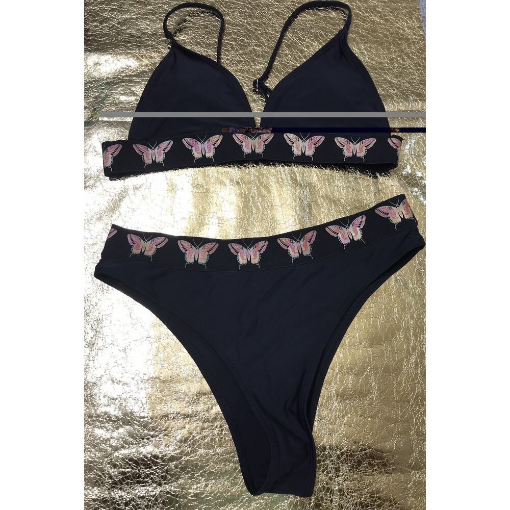 Black lighlty Paded Butterfly Bikini Set Womens Med 2 PC Swimwear Triangle Top